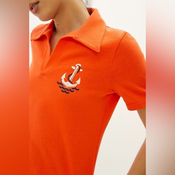 NWT ANTHROPOLOGIE Maeve Nautical Newport Orange Polo Top Size Medium - Picture 3 of 4